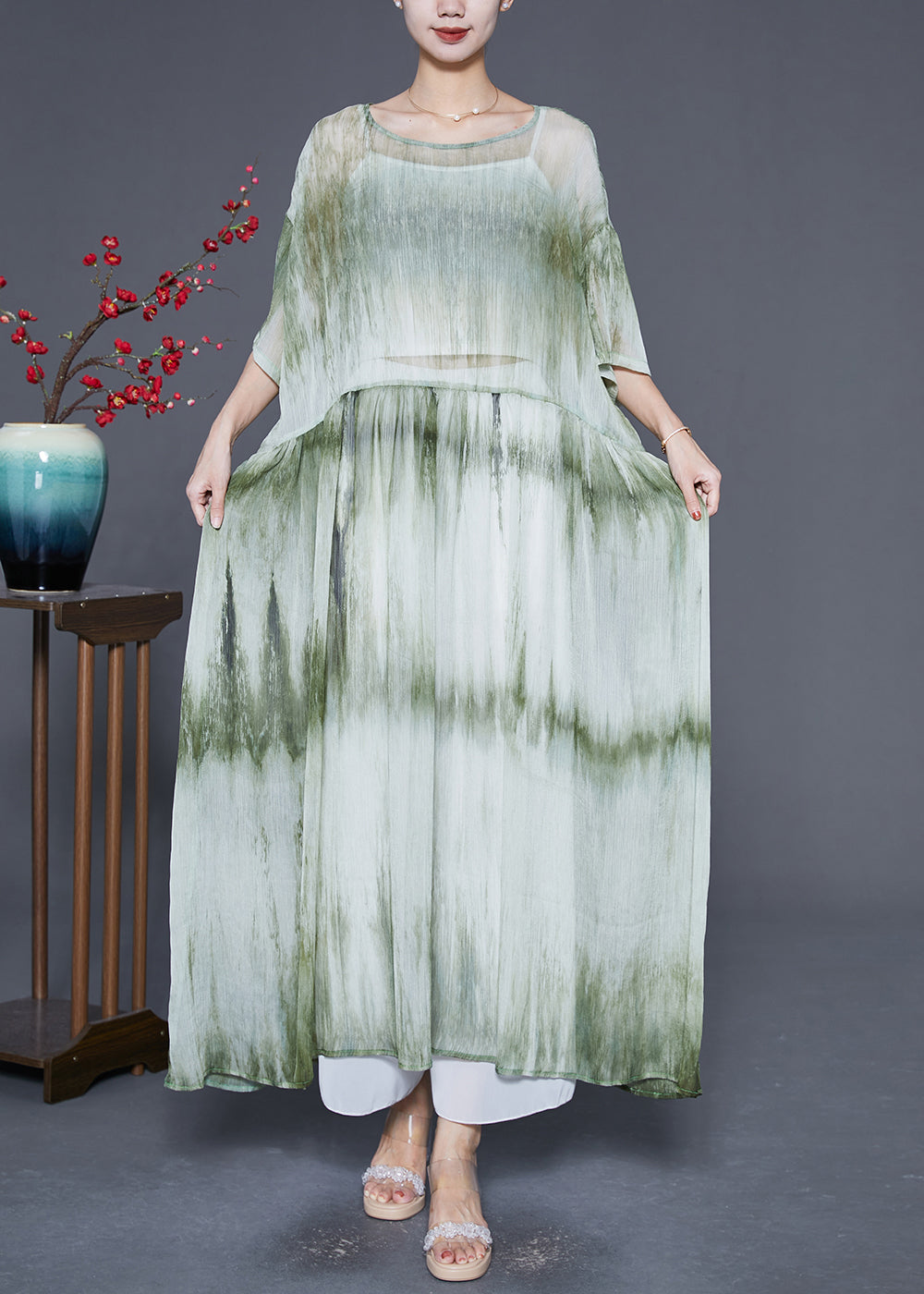 Casual Green Oversized Tie Dye Maxi Dress Summer Ada Fashion