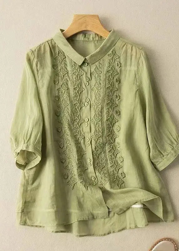 Casual Green Peter Pan Collar Embroideried Button Shirt Half Sleeve Ada Fashion