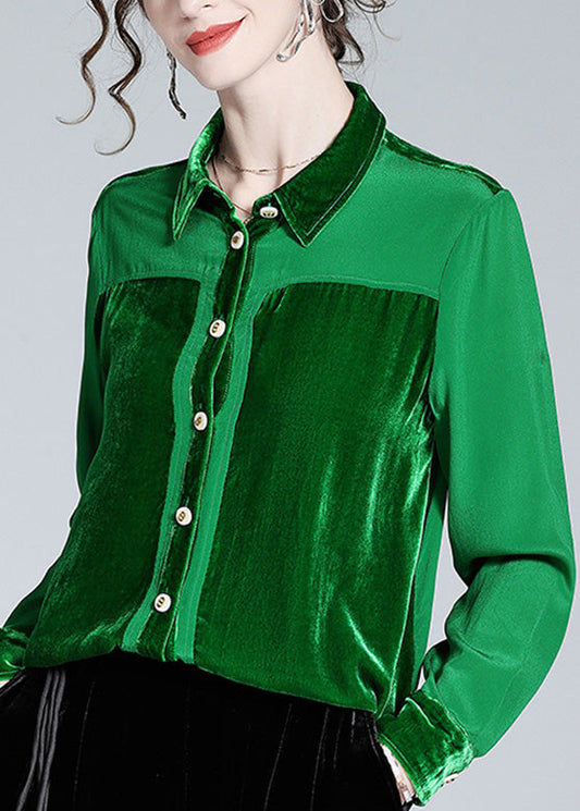 Casual Green Peter Pan Collar Patchwork Button Silk Shirt Long  Sleeve LY1043 - fabuloryshop