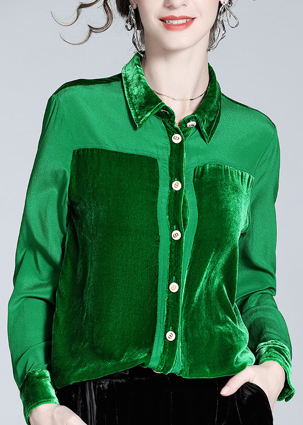 Casual Green Peter Pan Collar Patchwork Button Silk Shirt Long  Sleeve LY1043 - fabuloryshop