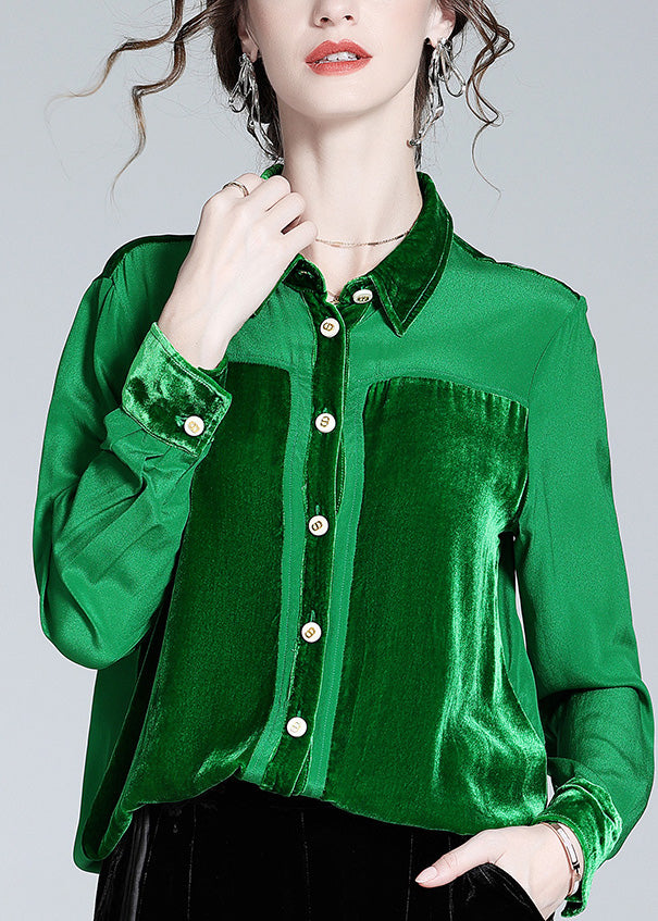 Casual Green Peter Pan Collar Patchwork Button Silk Shirt Long  Sleeve LY1043 - fabuloryshop