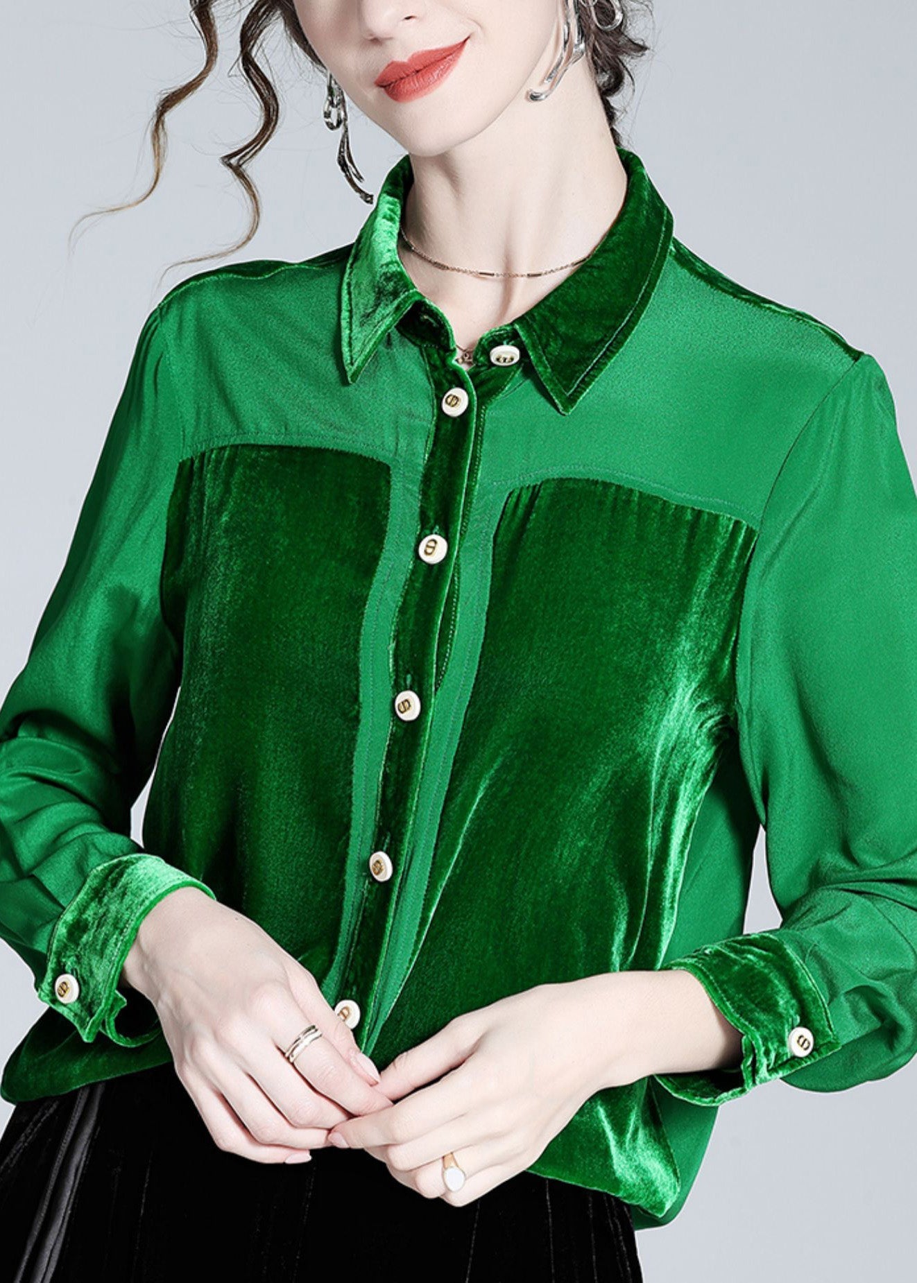 Casual Green Peter Pan Collar Patchwork Button Silk Shirt Long  Sleeve LY1043 - fabuloryshop