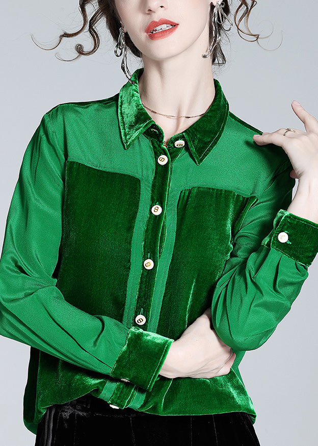 Casual Green Peter Pan Collar Patchwork Button Silk Shirt Long  Sleeve LY1043 - fabuloryshop