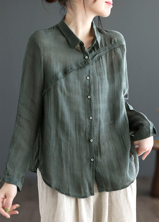 Casual Green Peter Pan Collar Patchwork Linen Blouses Long Sleeve LY4026 - fabuloryshop