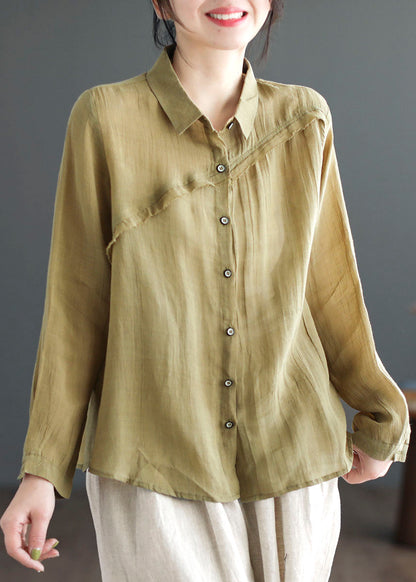 Casual Green Peter Pan Collar Patchwork Linen Blouses Long Sleeve LY4026 - fabuloryshop