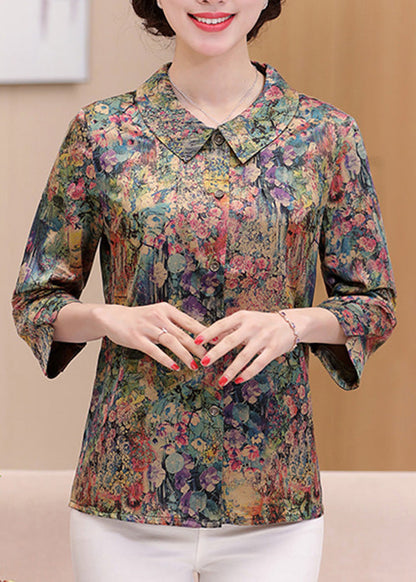 Casual Green Peter Pan Collar Print Silk Shirts Spring LY0444 - fabuloryshop