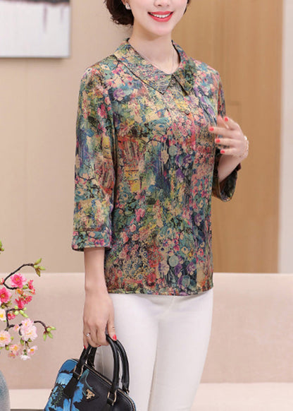 Casual Green Peter Pan Collar Print Silk Shirts Spring LY0444 - fabuloryshop