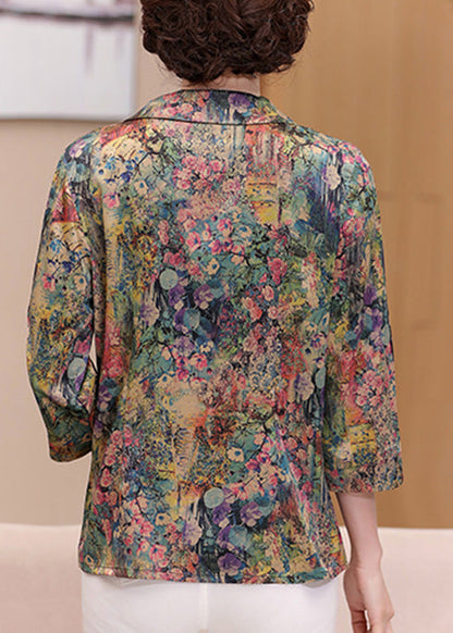 Casual Green Peter Pan Collar Print Silk Shirts Spring LY0444 - fabuloryshop