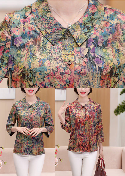 Casual Green Peter Pan Collar Print Silk Shirts Spring LY0444 - fabuloryshop