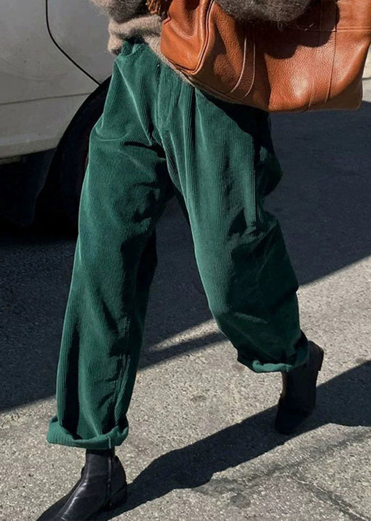 Casual Green Pockets Corduroy Straight Pants Fall Ada Fashion