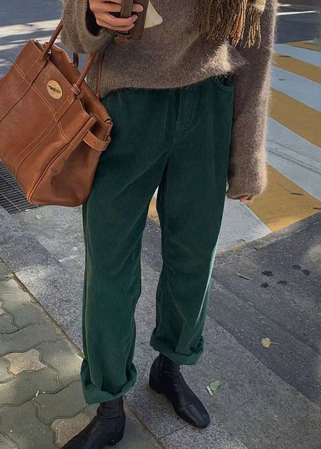 Casual Green Pockets Corduroy Straight Pants Fall Ada Fashion