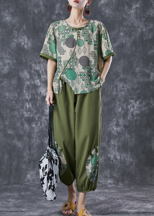 Casual Green Print Chinese Button Cotton Two Pieces Set Summer LY6763 - fabuloryshop