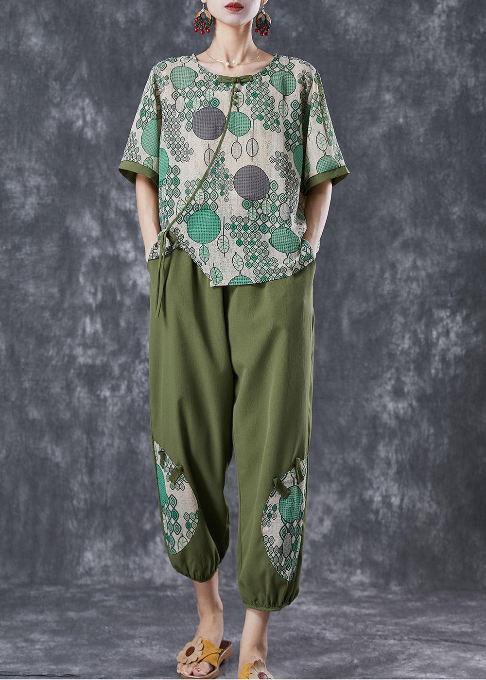 Casual Green Print Chinese Button Cotton Two Pieces Set Summer LY6763 - fabuloryshop