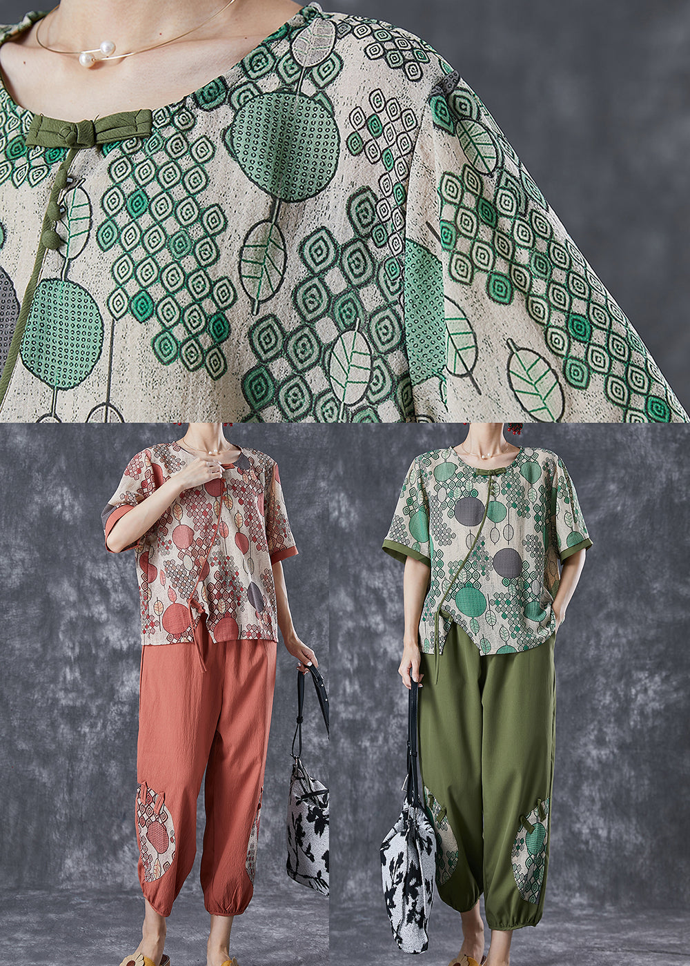 Casual Green Print Chinese Button Cotton Two Pieces Set Summer LY6763 - fabuloryshop
