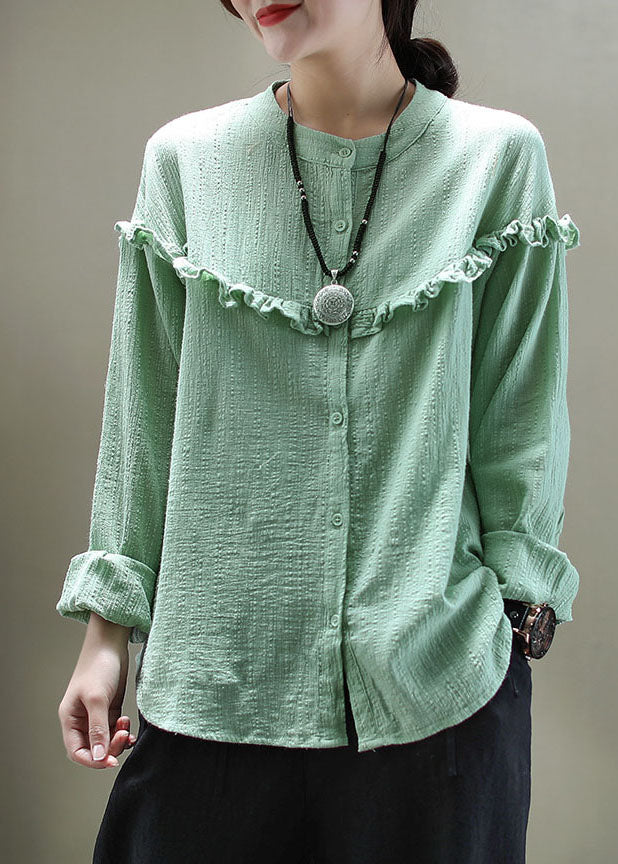 Casual Green Ruffled Button Patchwork Cotton Blouse Tops Long Sleeve LY6278 - fabuloryshop