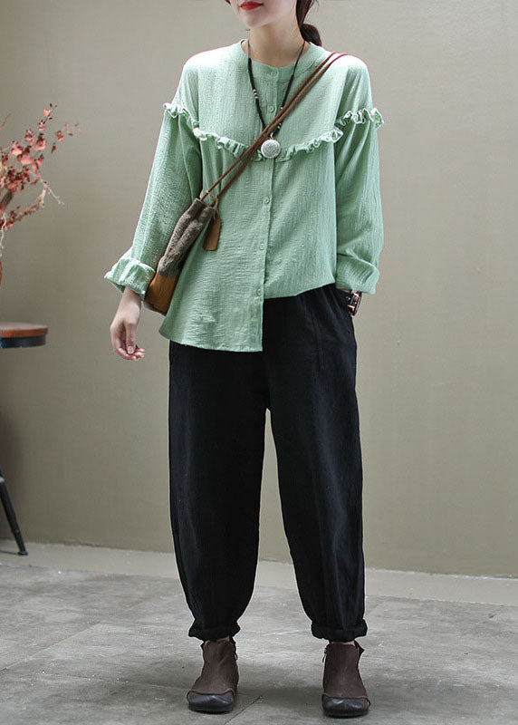 Casual Green Ruffled Button Patchwork Cotton Blouse Tops Long Sleeve LY6278 - fabuloryshop