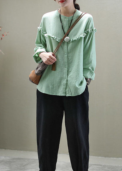 Casual Green Ruffled Button Patchwork Cotton Blouse Tops Long Sleeve LY6278 - fabuloryshop