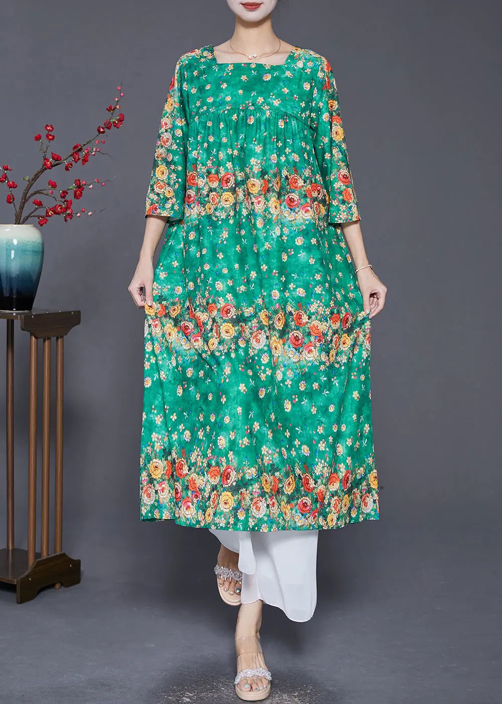 Casual Green Square Collar Floral Print Silk Dresses Summer Ada Fashion