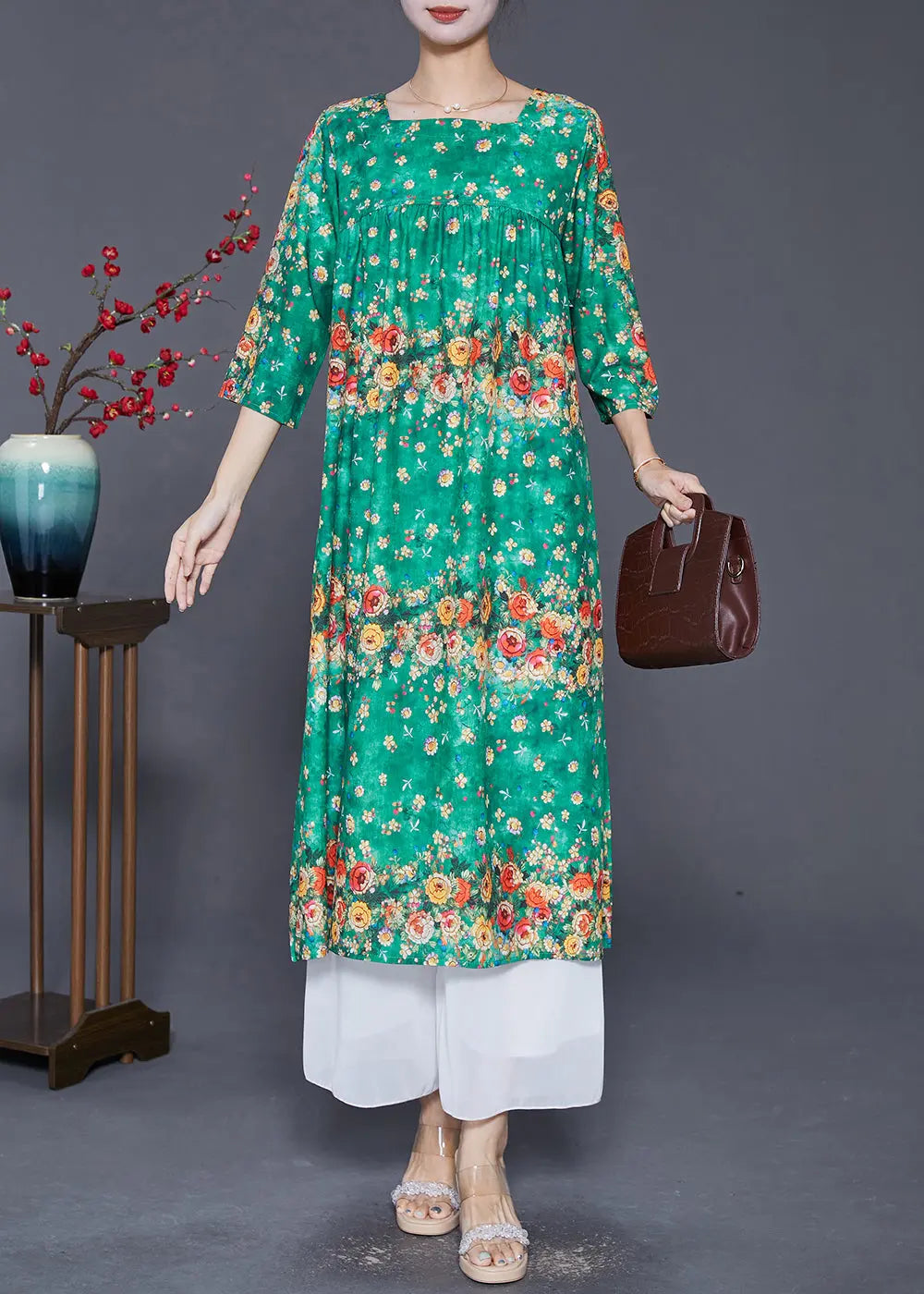 Casual Green Square Collar Floral Print Silk Dresses Summer Ada Fashion