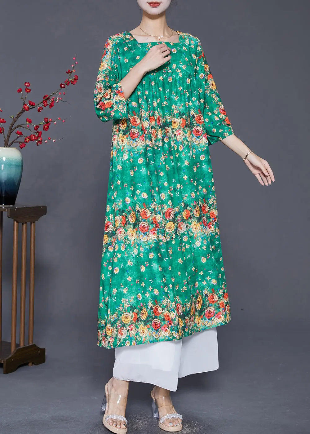 Casual Green Square Collar Floral Print Silk Dresses Summer Ada Fashion