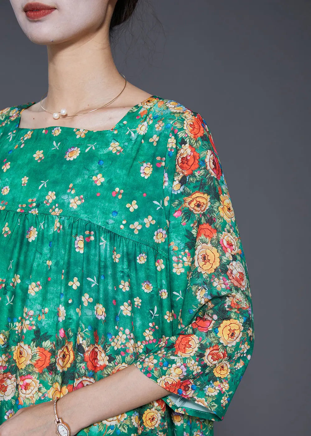 Casual Green Square Collar Floral Print Silk Dresses Summer Ada Fashion