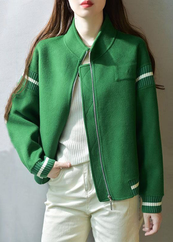 Casual Green Stand Collar Zip Up  Patchwork Woolen Coats Fall Ada Fashion