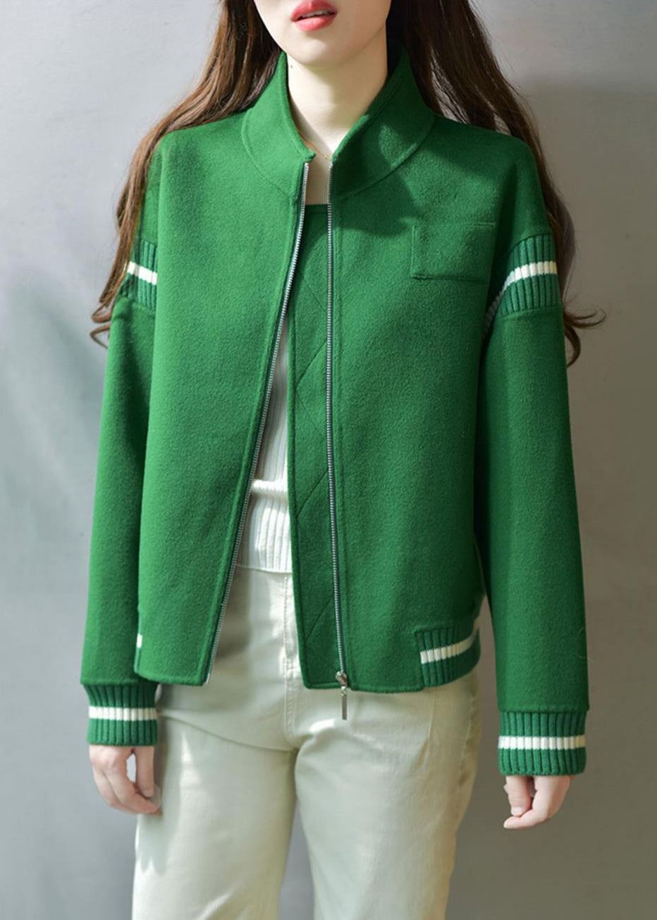 Casual Green Stand Collar Zip Up  Patchwork Woolen Coats Fall Ada Fashion