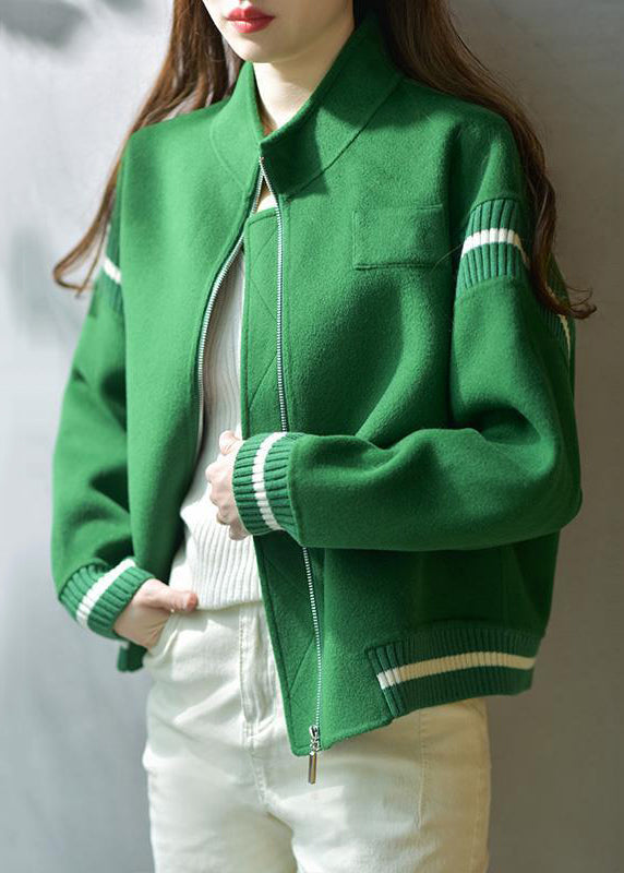 Casual Green Stand Collar Zip Up  Patchwork Woolen Coats Fall Ada Fashion