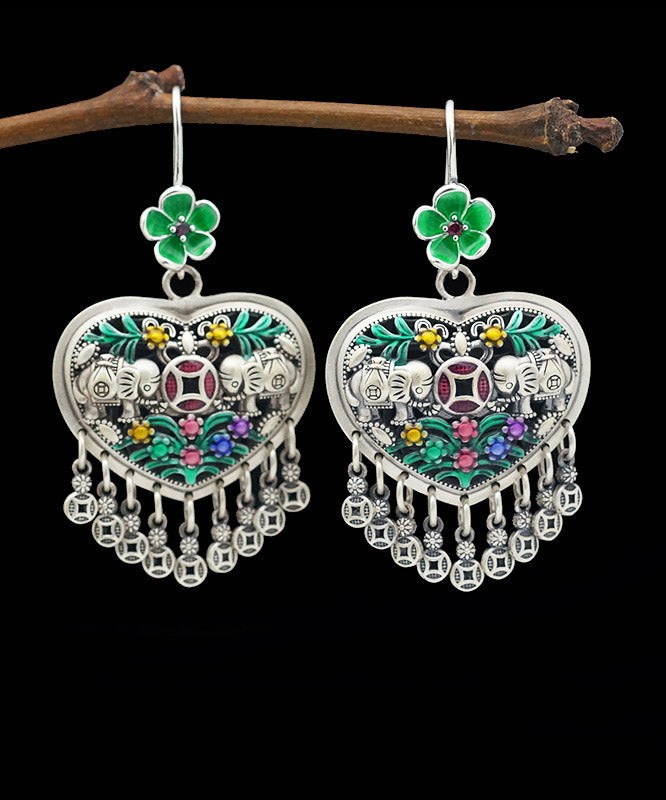 Casual Green Sterling Silver Heart Floral Tassel Drop Earrings LY2027 - fabuloryshop