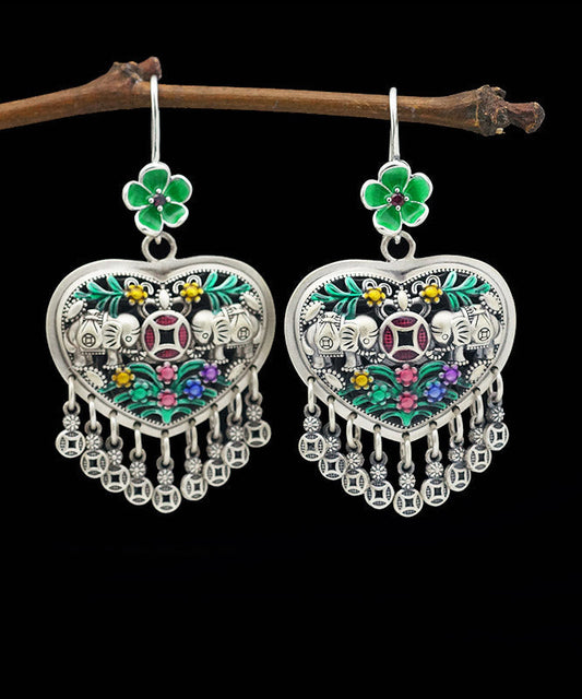 Casual Green Sterling Silver Heart Floral Tassel Drop Earrings LY2027 - fabuloryshop