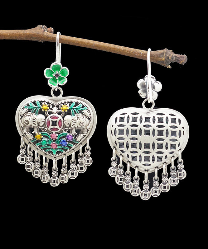 Casual Green Sterling Silver Heart Floral Tassel Drop Earrings LY2027 - fabuloryshop