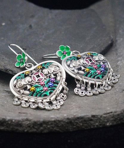 Casual Green Sterling Silver Heart Floral Tassel Drop Earrings LY2027 - fabuloryshop