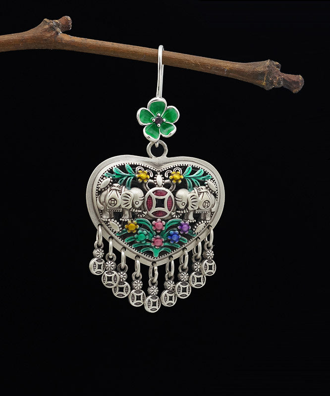 Casual Green Sterling Silver Heart Floral Tassel Drop Earrings LY2027 - fabuloryshop