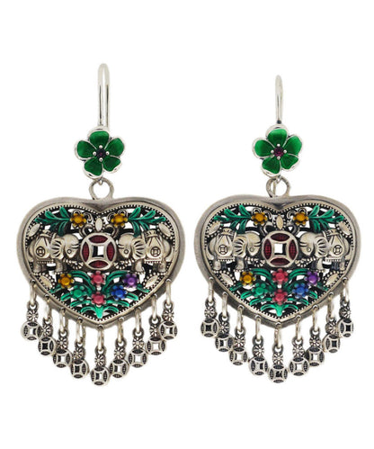 Casual Green Sterling Silver Heart Floral Tassel Drop Earrings LY2027 - fabuloryshop