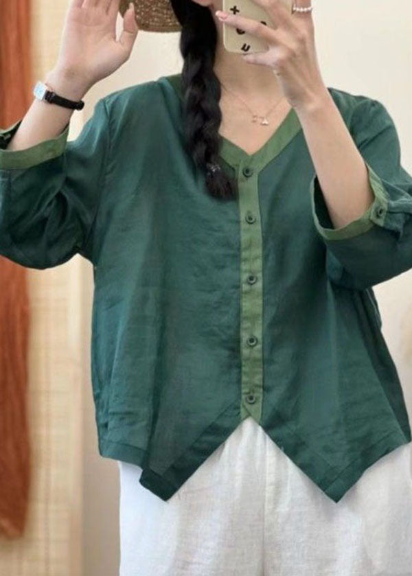 Casual Green V Neck Asymmetrical Patchwork Linen Shirt Summer LY4142 - fabuloryshop