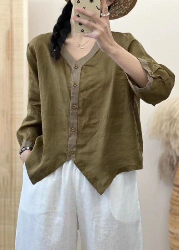 Casual Green V Neck Asymmetrical Patchwork Linen Shirt Summer LY4142 - fabuloryshop