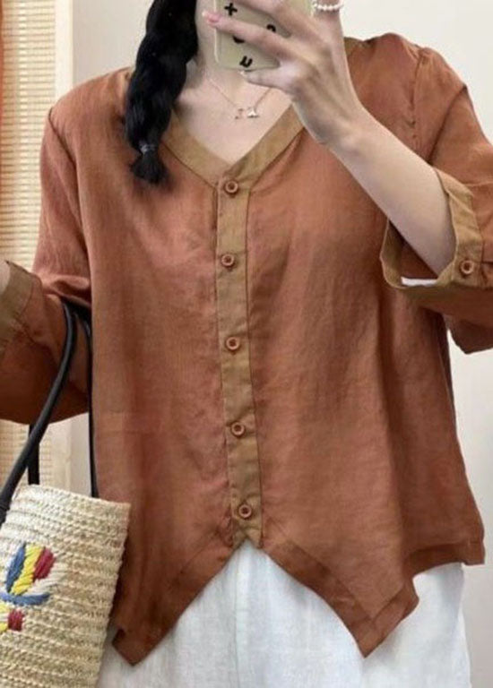 Casual Green V Neck Asymmetrical Patchwork Linen Shirt Summer LY4142 - fabuloryshop