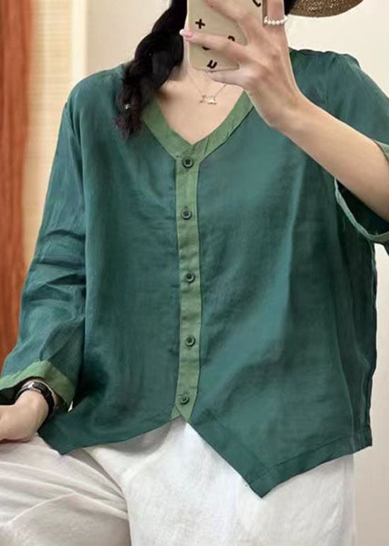 Casual Green V Neck Asymmetrical Patchwork Linen Shirt Summer LY4142 - fabuloryshop