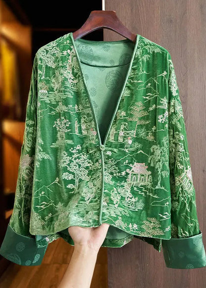 Casual Green V Neck Embroideried Button Silk Velour Coats Fall Ada Fashion