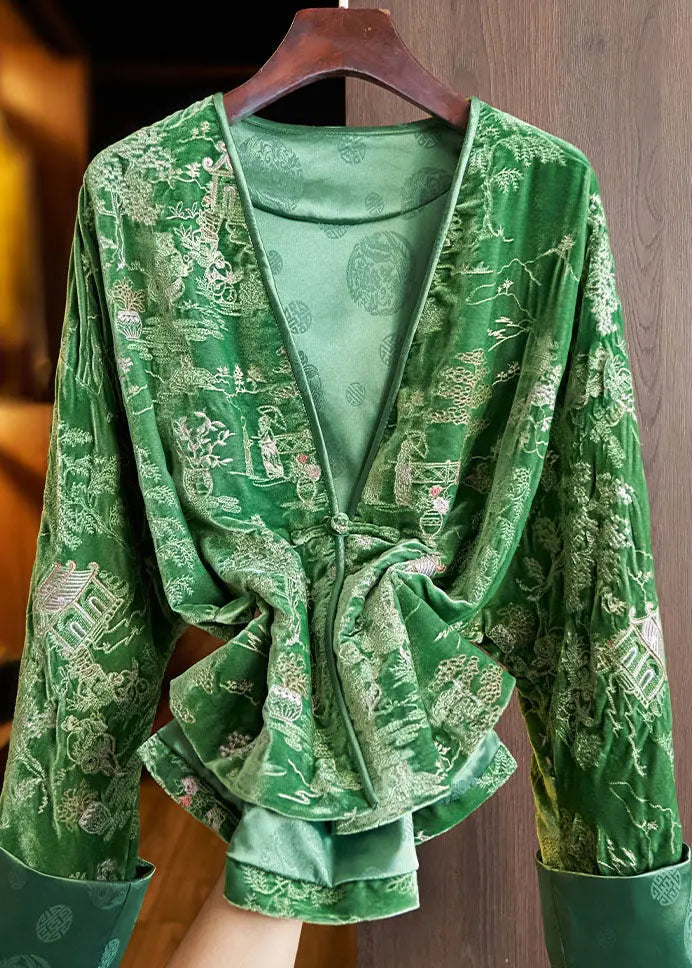 Casual Green V Neck Embroideried Button Silk Velour Coats Fall Ada Fashion