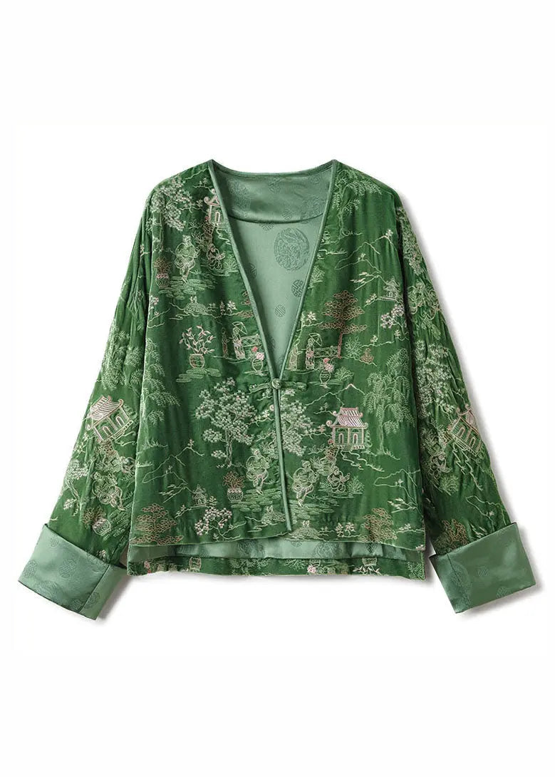 Casual Green V Neck Embroideried Button Silk Velour Coats Fall Ada Fashion