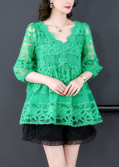 Casual Green V Neck Embroideried Tulle Shirt Bracelet Sleeve LY3710 - fabuloryshop