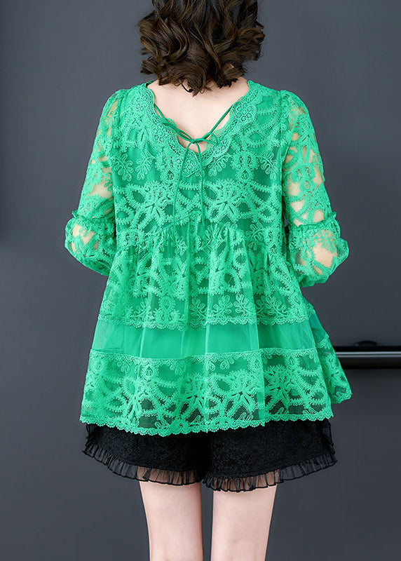 Casual Green V Neck Embroideried Tulle Shirt Bracelet Sleeve LY3710 - fabuloryshop