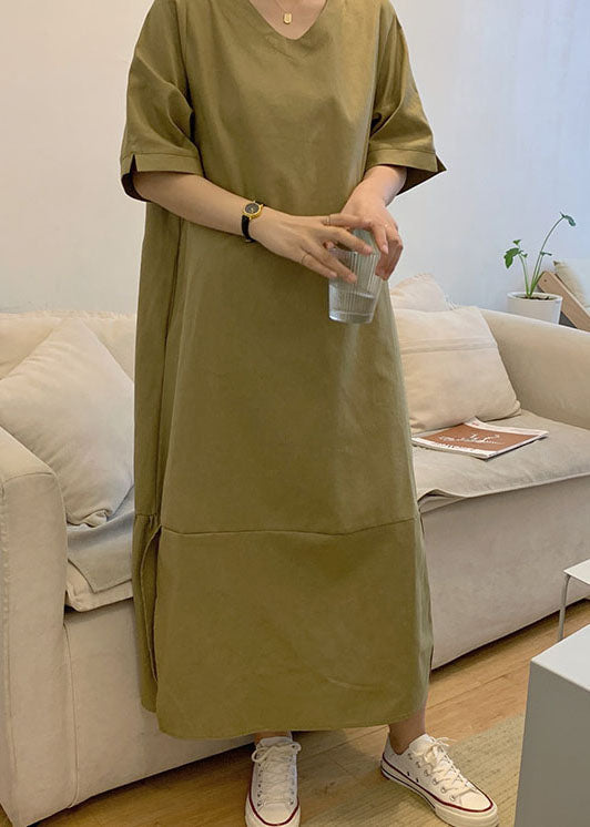 Casual Green V Neck Patchwork Wrinkled Cotton Dress Short Sleeve LY2145 - fabuloryshop