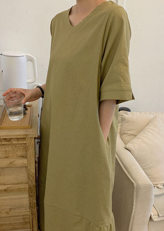 Casual Green V Neck Patchwork Wrinkled Cotton Dress Short Sleeve LY2145 - fabuloryshop