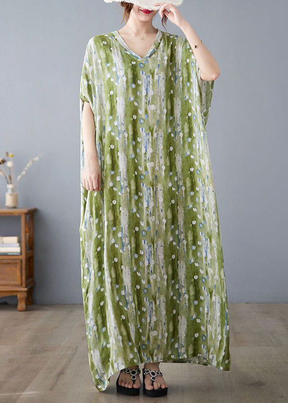 Casual Green V Neck Print Linen Long Dress Summer LY0915 - fabuloryshop