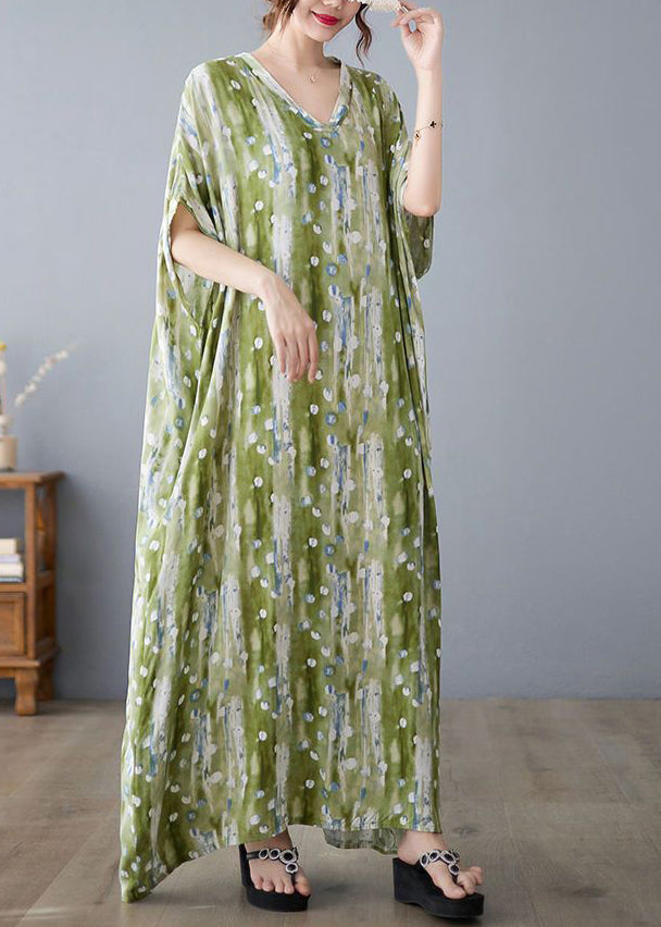 Casual Green V Neck Print Linen Long Dress Summer LY0915 - fabuloryshop