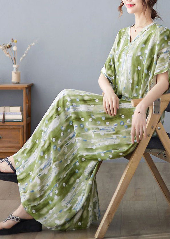 Casual Green V Neck Print Linen Long Dress Summer LY0915 - fabuloryshop