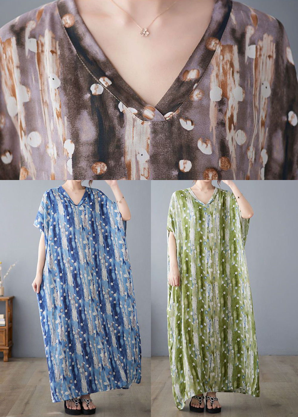 Casual Green V Neck Print Linen Long Dress Summer LY0915 - fabuloryshop