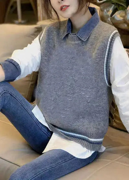 Casual Grey Denim Patchwork Shirt And Vest Autumn New Two-Piece Set Ada Fashion